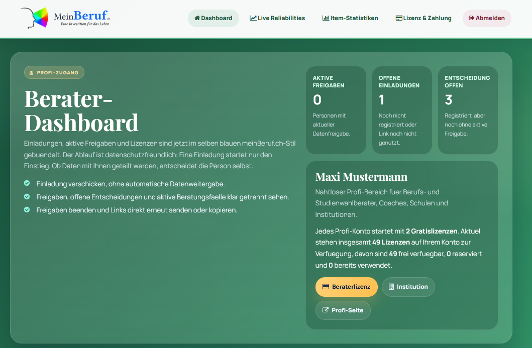 Screenshot des grünen Berater-Dashboards